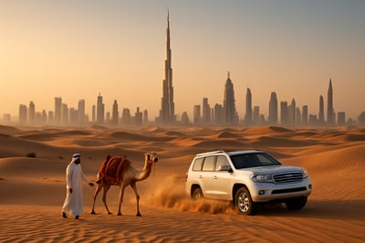 Dubai skyline with Burj Khalifa and desert adventure Dubai skyline with Burj Khalifa and desert adventure
