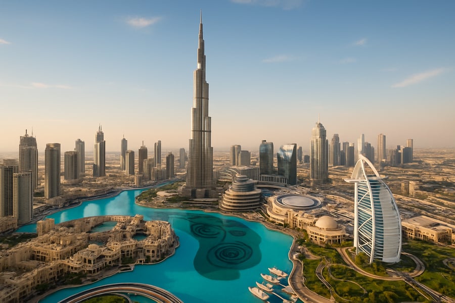 Dubai skyline with Burj Khalifa and luxury attractions Dubai skyline with Burj Khalifa and luxury attractions