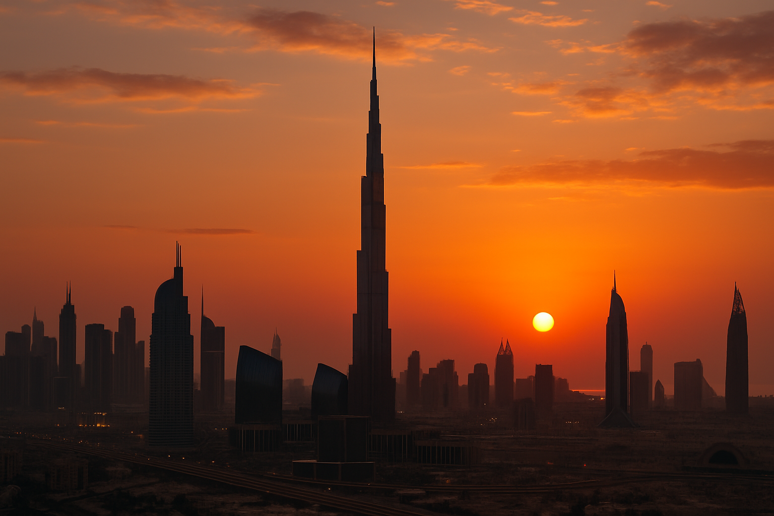 Iconic Dubai skyline and Burj Khalifa at sunset